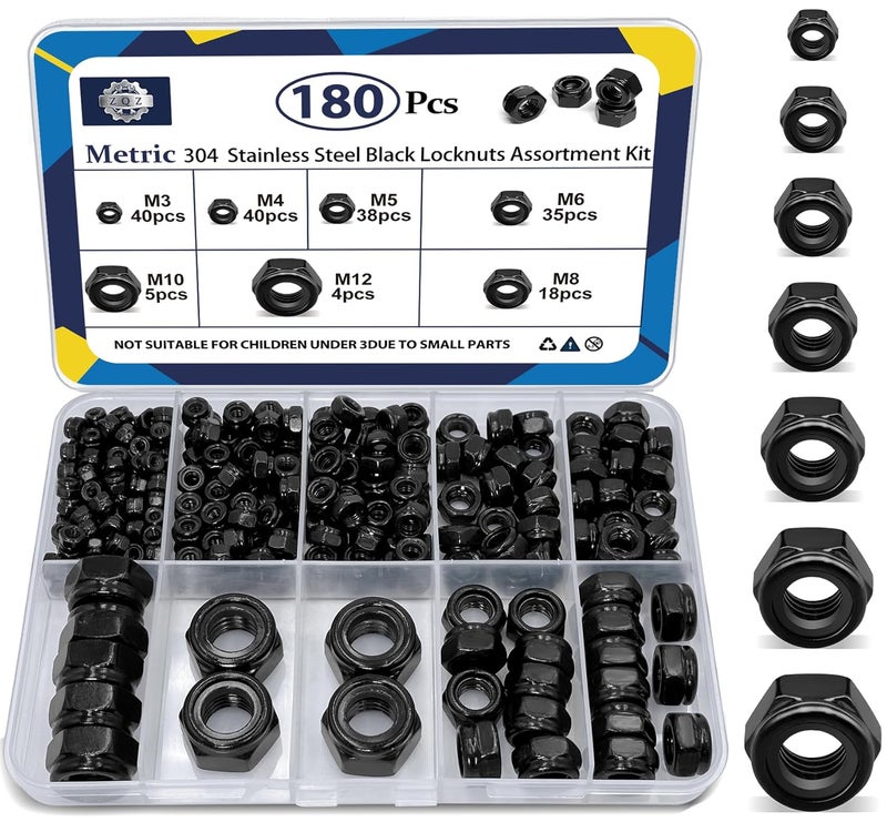 ZQZ 180 Pack Black Locknuts Assortment Kit, M3 M4 M5 M6 M8 M10 M12 Metric Black Nylon Insert Lock Nuts Set, 304 Stainless Steel Standard Threaded Nylock Nuts - Image 1
